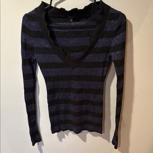 Express Women’s Sparkle Striped Black and Blue V-Neck Sweater